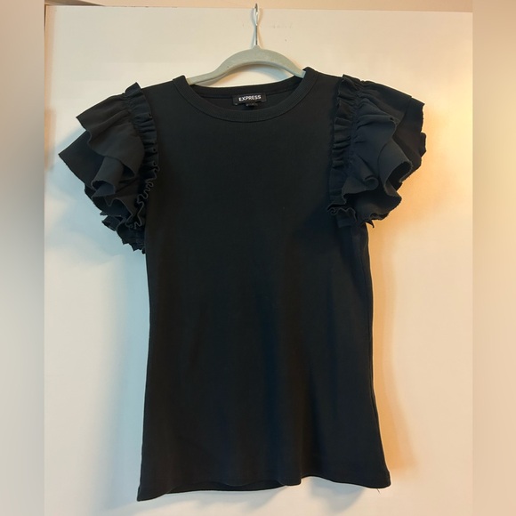 Express black Ribbed Ruffle Sleeve Tee - Picture 1 of 6